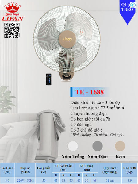 QUẠT TREO LIFAN ĐIỀU KHIỂN TỪ XA  TE-1688